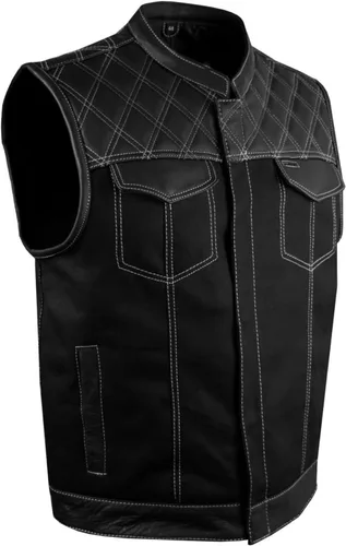 Vista 10 de GARGOYLE BELLS Chaleco de moto de mezclilla y cuero para hombre con bolsillos para pistola SOA Biker Club Chaleco con acolchado de diamante