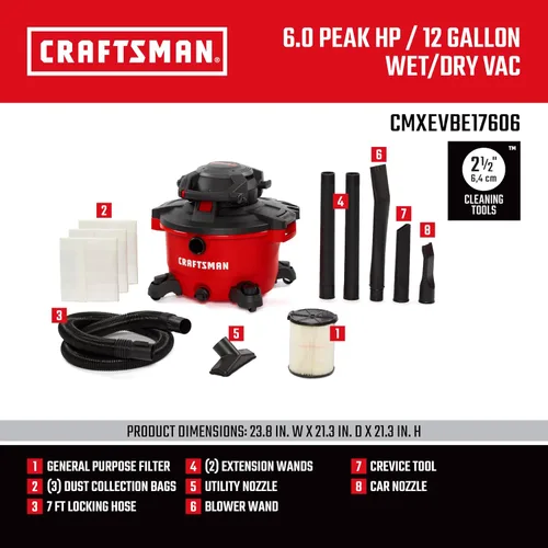 Vista 3 de CRAFTSMAN CMXEVBE17606 Aspiradora en seco y húmedo de 12 galones 6.0 HP con soplador de hojas desmontable, aspiradora portátil para tienda húmeda