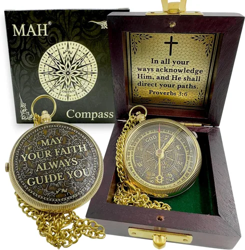 Vista 15 de Brújula religiosa hecha a mano con mensajes de fe grabados y en relieve, recuerdo religioso cristiano inspirador para bautismo, confirmación