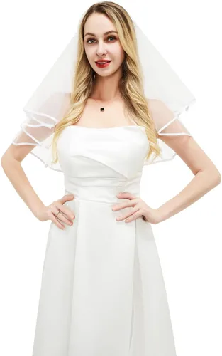 Vista 2 de Velo de novia blanco corto de 2 niveles velo con encuadernación blanca velo de novia despedida de soltera fiesta nupcial velo niña de las flores
