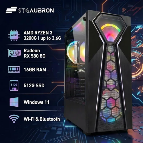 Vista 2 de STGAubron Computadora de escritorio para videojuegos, AMD Ryzen 3 3200G 3.6 GHz, Radeon RX 580 8G GDDR5, 16G RAM, 512G SSD, WiFi 600M, BT 5.0
