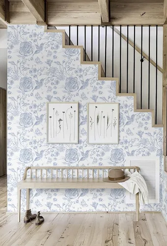 Vista 3 de Papel tapiz azul para despegar y pegar, papel de pared floral bordado bohemio, papel de contacto para dormitorio, baño, papel tapiz azul marino