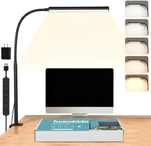 Vista 8 de Lámpara de escritorio LED con abrazadera, 5 modos de color y 10 niveles de brillo, luz de escritorio para cuidado de los ojos, cuello de cisne