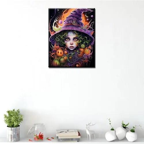 Vista 3 de Pintura por números retrato de niña con sombrero de mago Tucocoo, pintura DIY en lienzo con pinceles, pinturas acrílicas, calabaza de Halloween