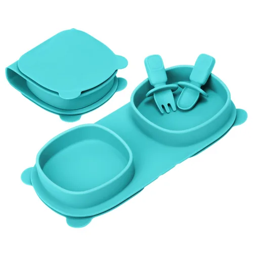 Vista 15 de Platos llanos plegables de silicona, platos para bebé, esenciales de viaje con tenedores y cucharas, aptos para microondas y lavavajillas, aguamarina