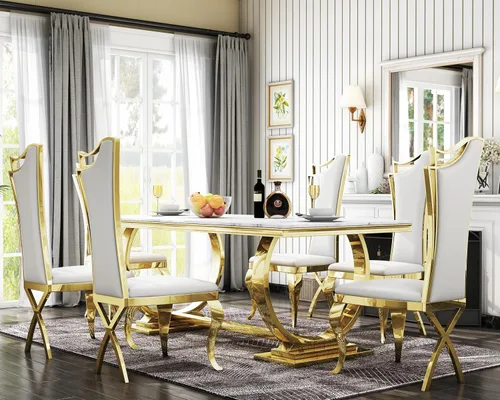 Vista 14 de Juego de mesa de comedor moderno de mármol para 6, sillas de mesa de cocina, juego de 7 piezas con mesa de comedor de imitación de mármol blanco