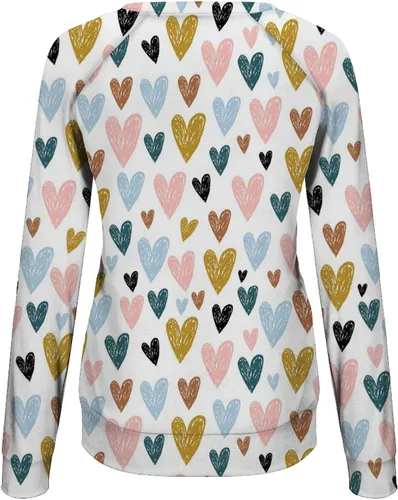 Vista 5 de Camisa de manga larga con estampado de corazones lindos para mujer, moda de San Valentín, cuello redondo, manga larga, ropa básica de primavera