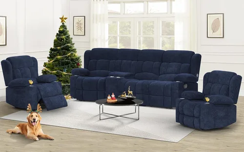 Vista 23 de Dresegmt - Juego de sofá reclinable con consola, diseño de respaldo central abatible, sofá de 3 plazas y sillón reclinable individual, sofás Gris