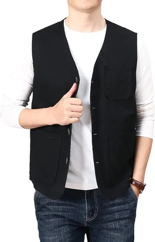 Vista 3 de PRIJOUHE Chaleco casual de algodón para hombre, ligero y transpirable, con múltiples bolsillos, para pesca, safari, viajes, al aire libre