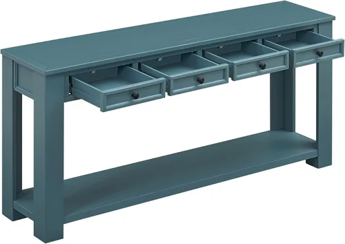Vista 10 de Merax Mesa de sofá con cajones de almacenamiento y estante inferior, mesa consola rústica con patas gruesas, mesa de entrada larga para pasillo