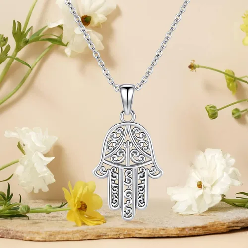 Vista 28 de Aniu Joyería de plata de ley 925 Hamsa de Fátima para mujer con circonita cúbica, viene con caja de regalo negra