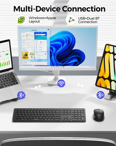 Vista 2 de seenda Combo de teclado y mouse inalámbricos para PC con Windows, laptop, Mac, iPad, Bluetooth y conexión múltiple de 3 dispositivos 2.4G, teclado