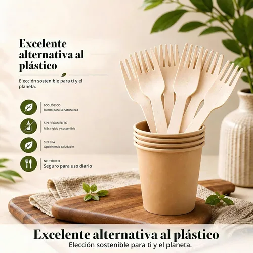 Vista 2 de Juego de 500 tenedores de madera desechables, alternativos a los tenedores de plástico y bambú, ecológicos, biodegradables y compostables, juego
