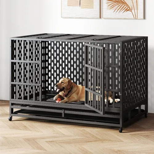 Vista 8 de HIWOKK Jaula para perros indestructible de alta resistencia de 38 pulgadas, a prueba de mordidas, doble puerta a prueba de escapes, jaula grande