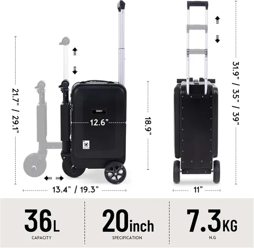 Vista 3 de Equipaje inteligente de 20 pulgadas, maleta de mano eléctrica con batería extraíble, rango de 8.1 mi, carga de 330.7 lbs, motor de 200 W