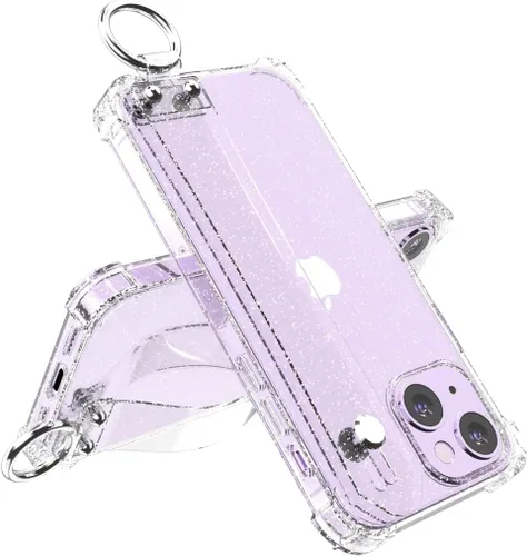 Vista 12 de Funda con purpurina con correa de mano compatible con iPhone 13 de 6.1 pulgadas, funda transparente brillante con correa de muñeca ajustable soporte