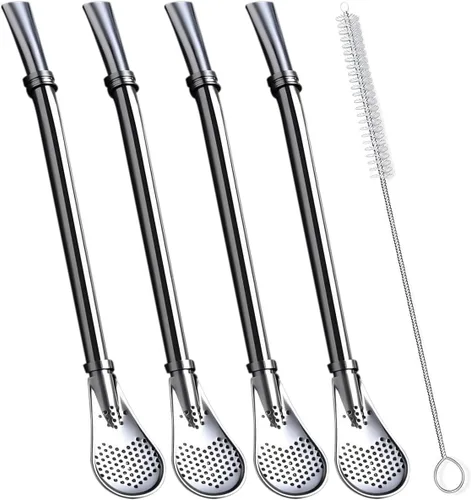 Vista 10 de Bombilla Yerba Mate - Pajitas de Yerba Mate, paquete de 3 popotes reutilizables para té, café, cóctel, acero inoxidable, dobladas, flujo suave Negro