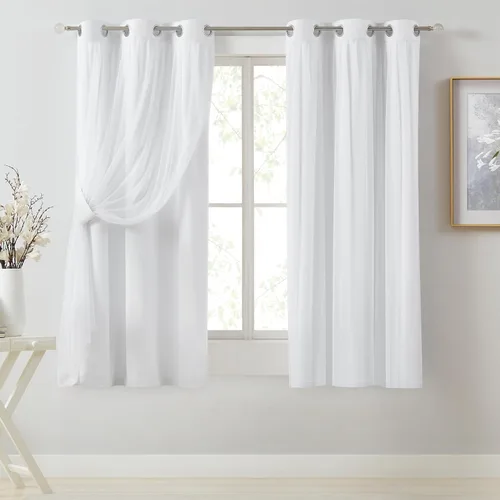Vista 32 de Bujasso Cortinas 80% Opacas Beige con Superposición de Gasa Mezcla y Combinación Paneles de Ventana con Aislamiento Térmico de Doble Capa de 63