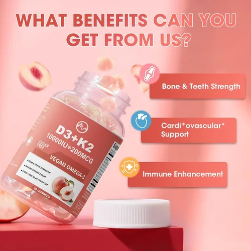 Vista 3 de Gomas de vitamina D3 K2 de M inch, vitamina D3 10000UI, K2 (MK-7) 200mcg, suplemento de vitamina D3 con K2 6-en-1 con Omega-3, magnesio y calcio