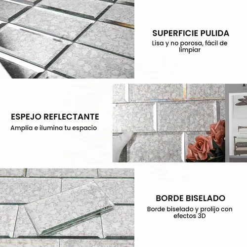 Vista 5 de Azulejos de Espejo Antiguo Biselado Autoadhesivos Estilo Metro de 3 x 6 Pulgadas para Salpicaduras de Cocina y Pared del Baño (40 Piezas)