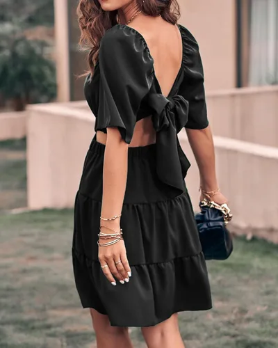 Vista 5 de BTFBM Vestidos de verano para mujer 2023, cuello cuadrado, manga corta, corte cruzado, cintura casual, fiesta, escalonado, mini vestido