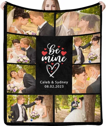 Vista 8 de Manta de fotos personalizada, manta de pareja de boda, con texto en inglés «He Asked And She Said Yes», 4 fotos, manta de boda, regalo romántico