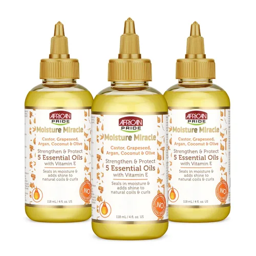 Vista 9 de African Pride Moisture Miracle 5 Aceites Esenciales para el Cabello con Vitamina E Humedad, Brillo, Protección y Crecimiento Argán, Ricino
