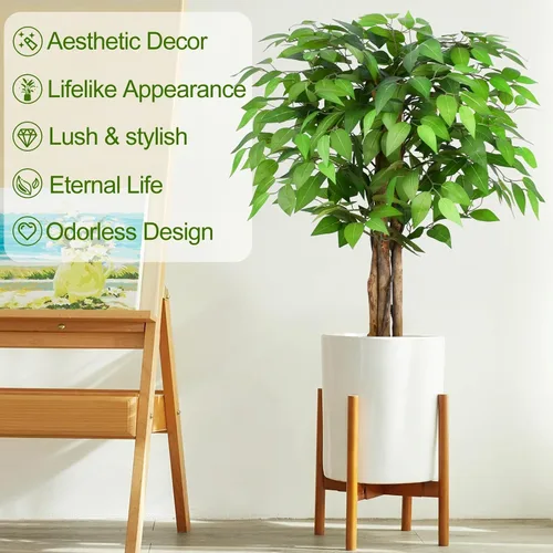 Vista 2 de Árboles artificiales de ficus de 3 pies con troncos naturales curvados, árbol exuberante de 36" de altura, árbol falso de ficus realista en verde