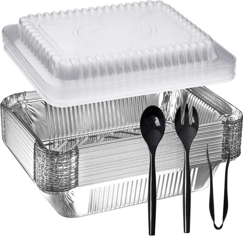 Vista 7 de Sartén de aluminio desechable de tamaño medio de 9 x 13 pulgadas con tapas de cúpula junto con 3 utensilios de servir, recipientes versátiles