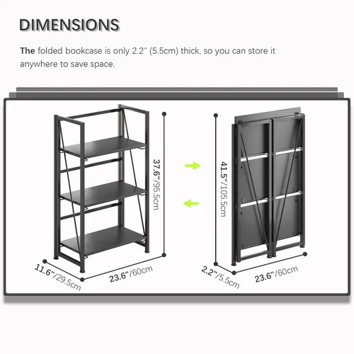 Vista 2 de 4NM Estantería plegable sin montaje, estante de almacenamiento para libros con estantes de 3 niveles, estilo vintage. Organizador de oficina y Todo