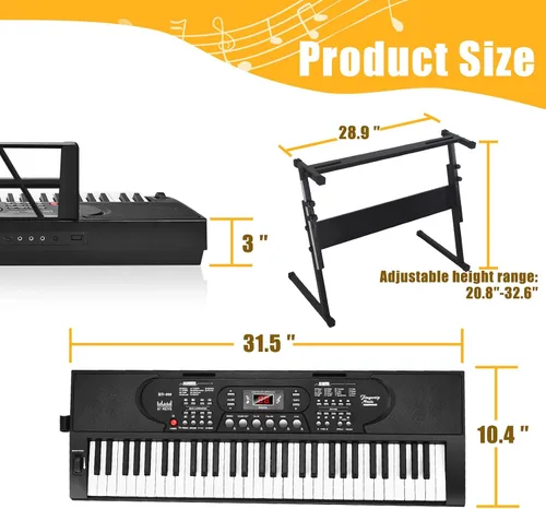 Vista 2 de Piano de teclado de 61 teclas con soporte, kit de teclado de piano eléctrico portátil para principiantes con soporte, micrófono, calcomanías