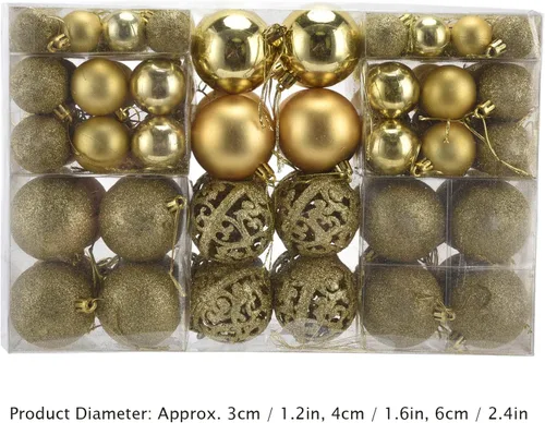 Vista 6 de Juego de 100 adornos de bolas de Navidad, decoraciones colgantes de temporada, bolas de Navidad de plástico inastillables, juego a granel para Dorado