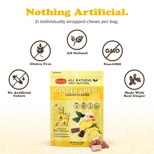Vista 2 de Pocas Lemon Ginger Chews - Masticables de jengibre dulce y picante, bocadillos bajos en calorías envueltos individualmente, caramelo de jengibre