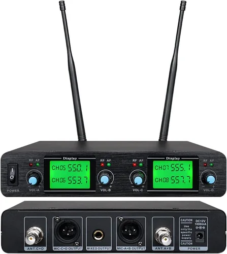 Vista 3 de Sistema de micrófono inalámbrico Lavalier Mic de 4 canales 4 auriculares 4 micrófono de solapa 4 mamelucos micrófonos dinámicos UHF