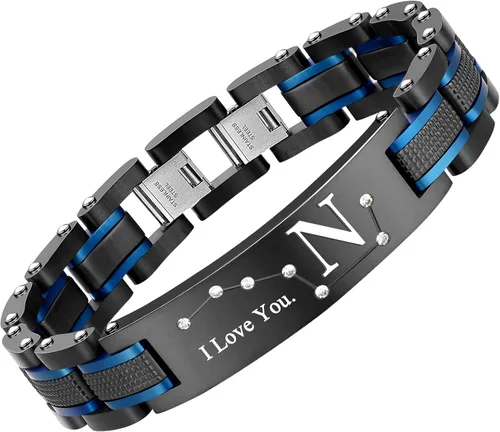 Vista 24 de Pulsera de dos tonos de acero inoxidable para hombre, chapado en iones negro y azul, regalo para hombres, marido, padre