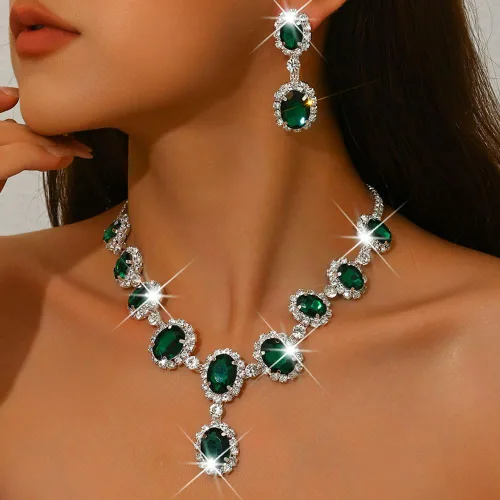 Vista 4 de Missgrace Juego de collar y aretes de diamantes de imitación vintage bohemios brillantes para novia, verde, negro, rojo, collar y aretes para baile