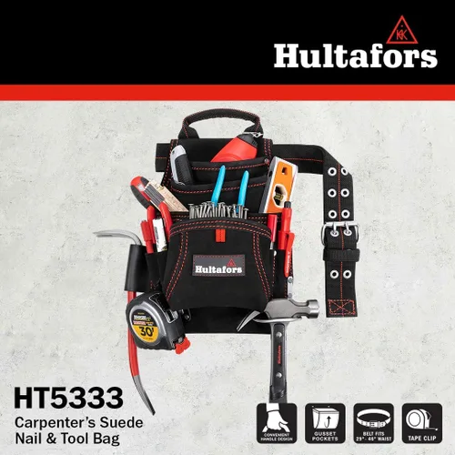 Vista 4 de Hultafors Work Gear HT5333 Carpenter's - Bolsa de gamuza resistente para uñas y herramientas, bolsillo frontal de doble refuerzo, lazo para martillo