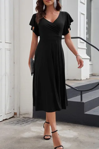 Vista 4 de PRETTYGARDEN Vestido midi de verano 2023 para mujer, manga casquillo con volantes, cuello en V, acampanado, vestido de cóctel