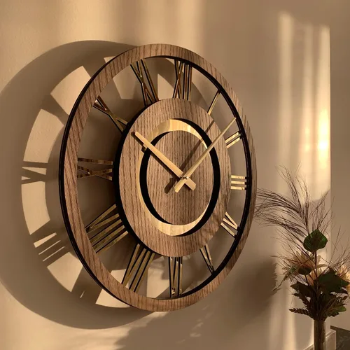 Vista 2 de Reloj de pared moderno con números romanos dorados, funciona con pilas, silencioso, sin tictac, diseño minimalista para cualquier habitación, reloj