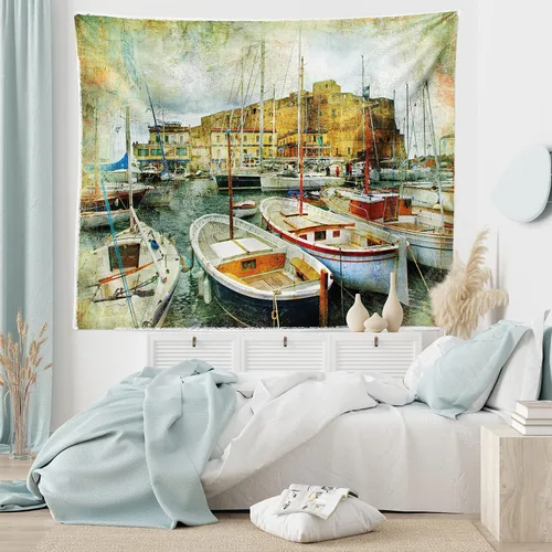 Vista 6 de Ambesonne Tapiz marino, Nápoles, botes pequeños en la histórica costa italiana, patrimonio del castillo, arte náutico, colgante de pared ancho
