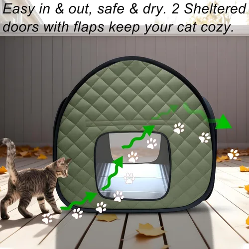 Vista 7 de Casa plegable para gatos callejeros para exteriores, 23.6 pulgadas, refugio aislado acolchado verde militar con mosca impermeable de camuflaje, 2