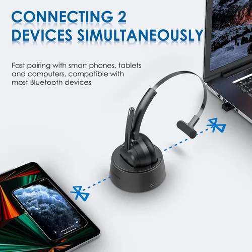 Vista 5 de Mopchnic Auriculares Bluetooth, auriculares inalámbricos con micrófono con cancelación de ruido AI, auriculares inalámbricos con dongle USB
