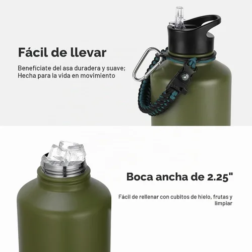 Vista 4 de Botella de agua aislada de 64 onzas con tapas de pajita y boquilla, jarra de agua de acero inoxidable de medio galón con mango de paracord, vacío