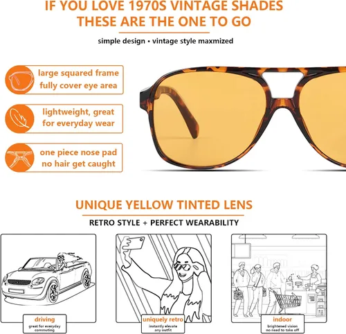 Vista 4 de Lentes de sol de color amarillo transparente de inspiración retro de los años 70 para hombres y mujeres, lentes teñidas de ámbar