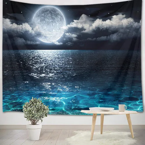Vista 2 de LB Tapiz de cielo nocturno y océano, tapiz de luna llena sobre el agua, tapiz para colgar en la pared, tapiz de fantasía mágica de acuarela 3D, arte