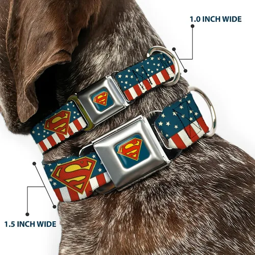 Vista 2 de Buckle-Down Collar de perro con hebilla de cinturón de seguridad, Superman Shield Americana Rojo/Blanco/Azul/Amarillo – 1 pulgada de ancho – Se