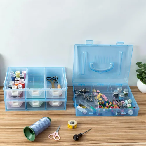 Vista 7 de MyGift Estuche organizador transparente de 11 pulgadas para suministros de costura para manualidades y artes con detalles blancos, 24 compartimentos