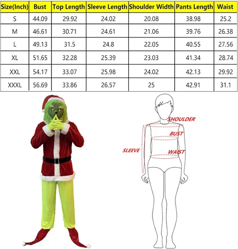 Vista 7 de Christmas Green Big Monster Costume7Pcs Adult Santa Suit for Men WomenFunny Santa Outfit with Mask