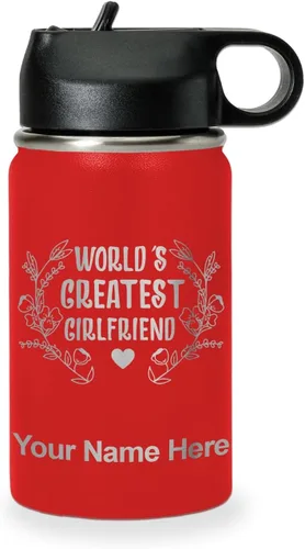 Vista 13 de LaserGram Botella de agua personalizada, World's Greatest Girlfriend, acero inoxidable de doble pared aislada al vacío con popote superior, regalo