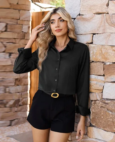 Vista 4 de siliteelon Camisas de vestir con botones para mujer, camisas de vestir de manga larga, algodón de corte clásico